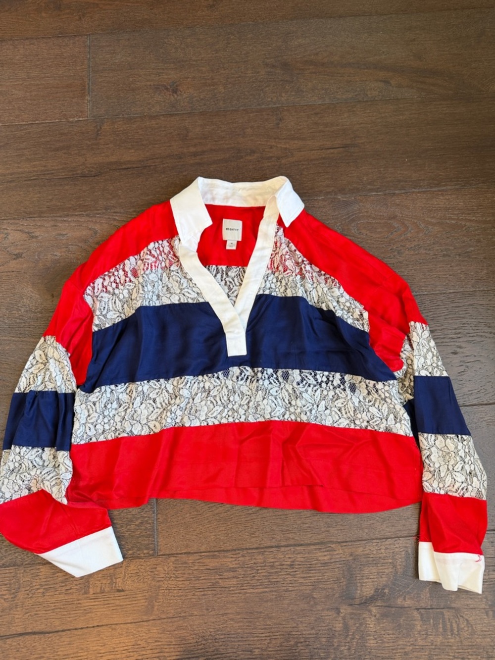 Anthropologie Red Navy White Lace-Trim Striped Pullover